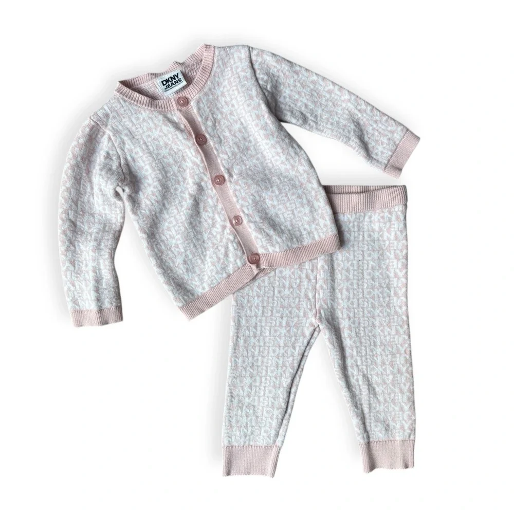 DKNY Baby Girls Sweater Cardigan Pants Set Pink Logo Print Size 9-12 Months